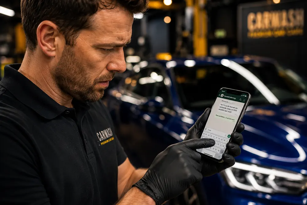 Een medewerker met werkhandschoenen aan typt een bericht op zijn telefoon, naast de auto waar hij mee bezig is